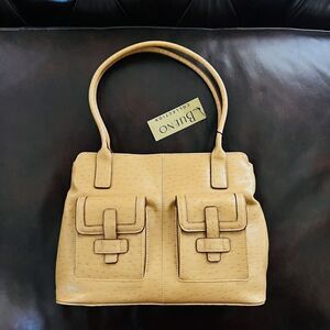 Vintage Bueno Ostrich Faux Leather Safari Satchel Bag Purse Duffel Tan Camel NWT
